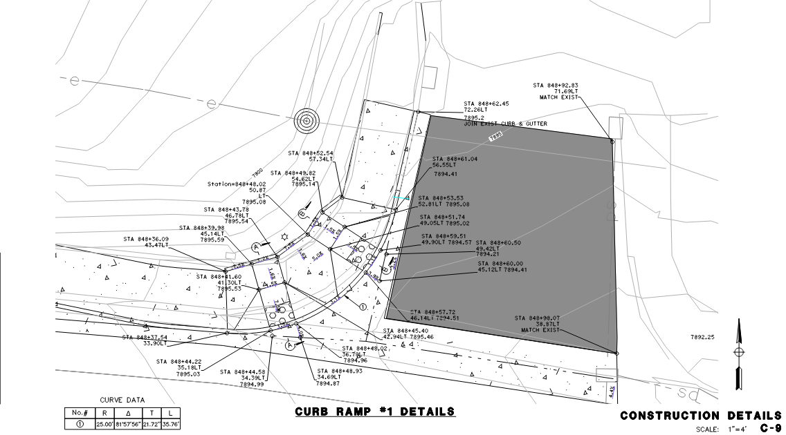 Detailed engineering plan for a curb ramp construction project, including measurements, station points, and construction notes.