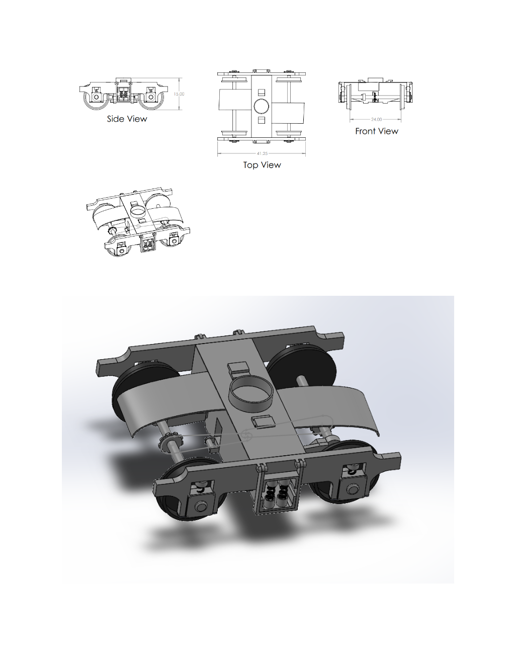 Engineering drawing and 3D rendering of a mechanical component with wheels, showing top, front, side views, and an isometric perspective, with dimensions.