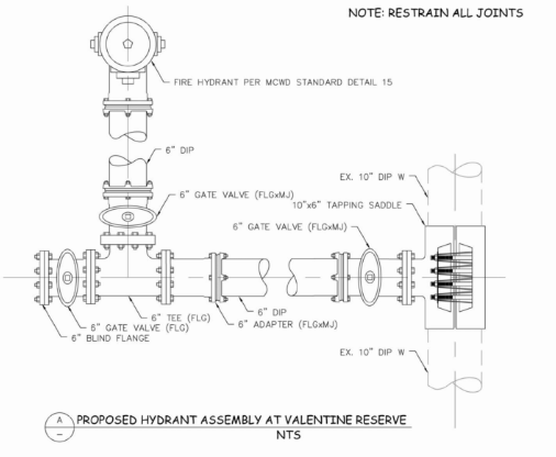 Technical diagram of a proposed hydrant assembly with detailed parts and notes, including valves, dip pipes, flanges, and specific dimensions.