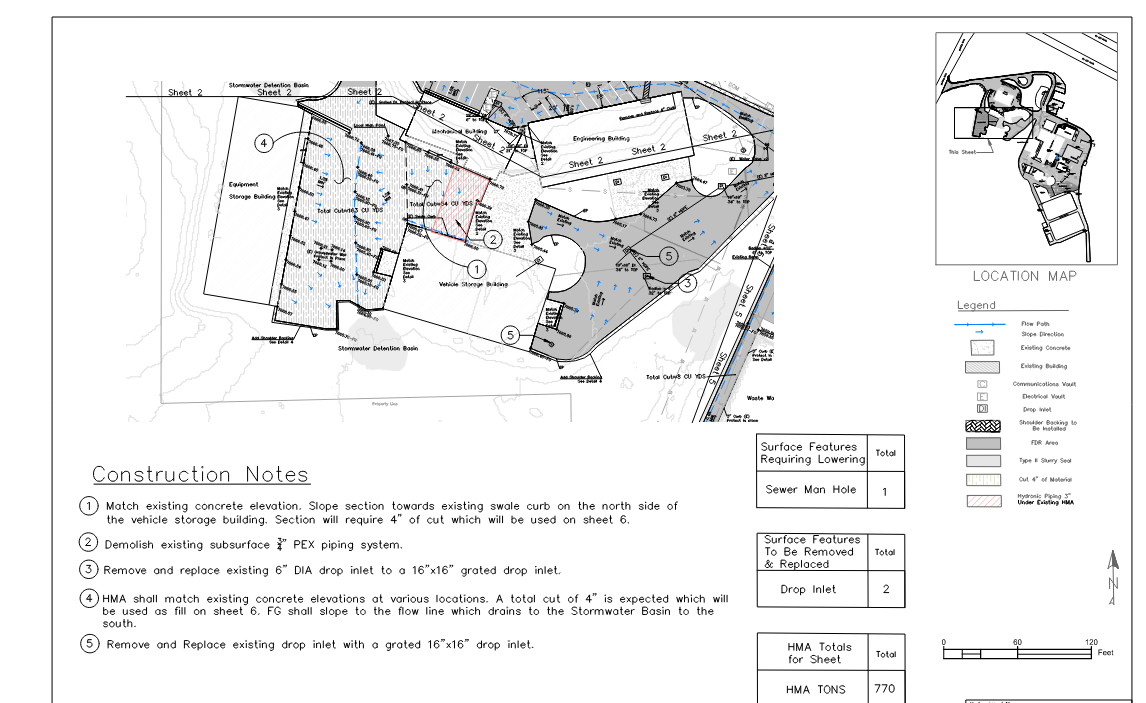 Construction plan of a stormwater detention basin with various buildings, pipe systems, and site features; includes a location map and detailed construction notes.