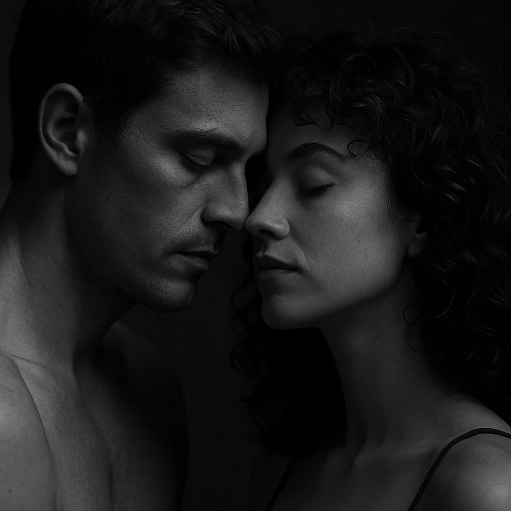 Close-up of a man and woman with eyes closed, gently touching foreheads in a tender moment, in black and white.