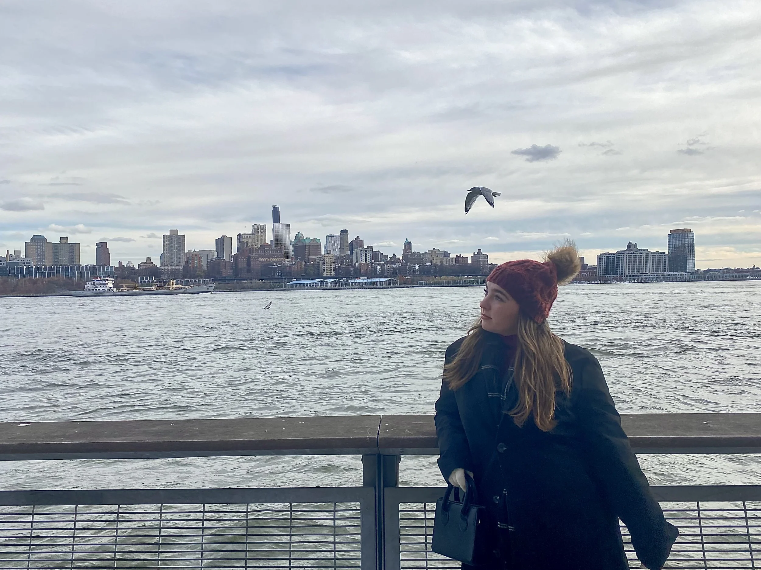 A young woman with long hair, wearing a red knit hat and black coat, stands by a waterfront railing with water and a city skyline in the background. She is looking to her right, and a seagull is flying overhead.