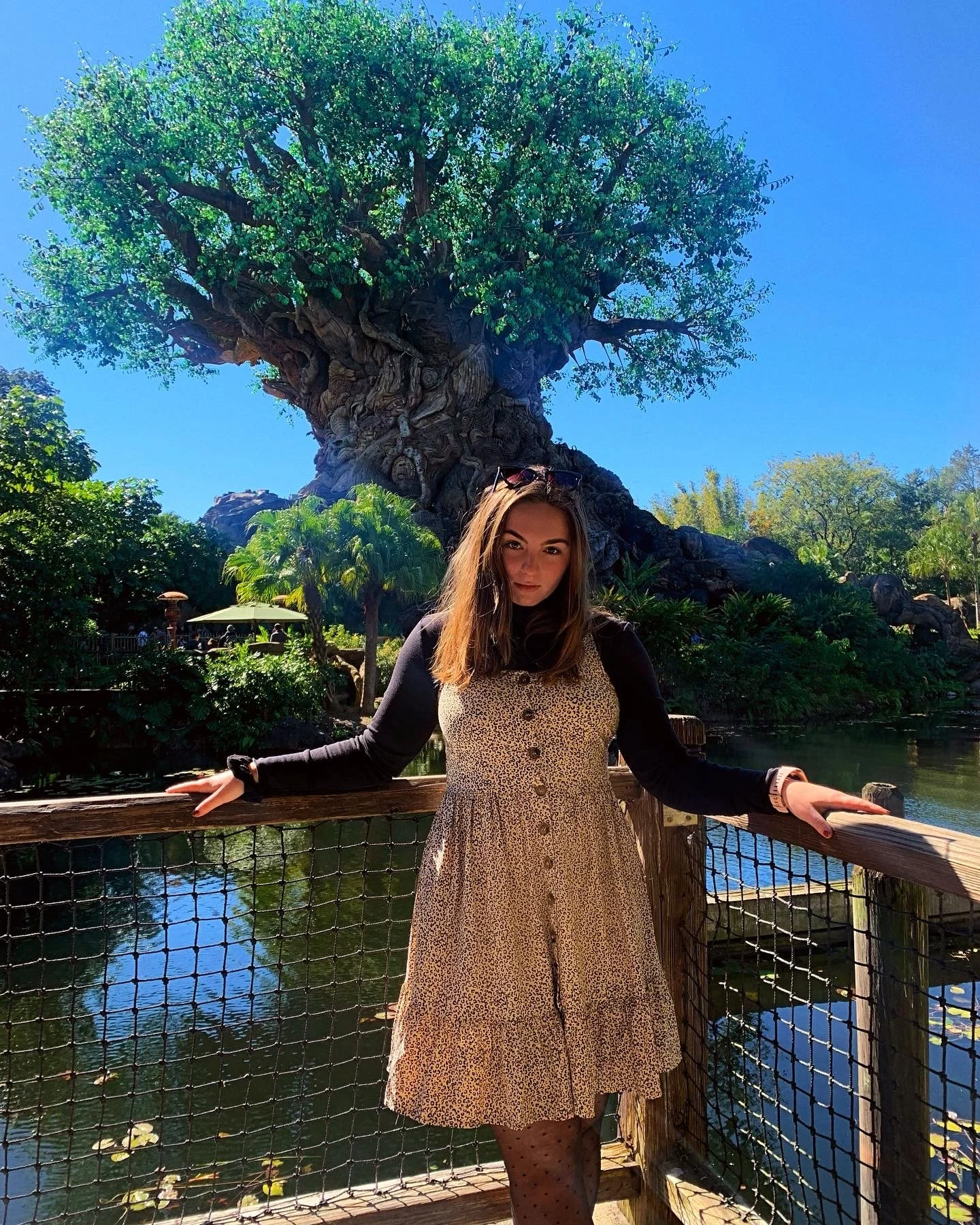 A young woman standing on a wooden bridge in front of a large tree with a wide canopy at a park or zoo.