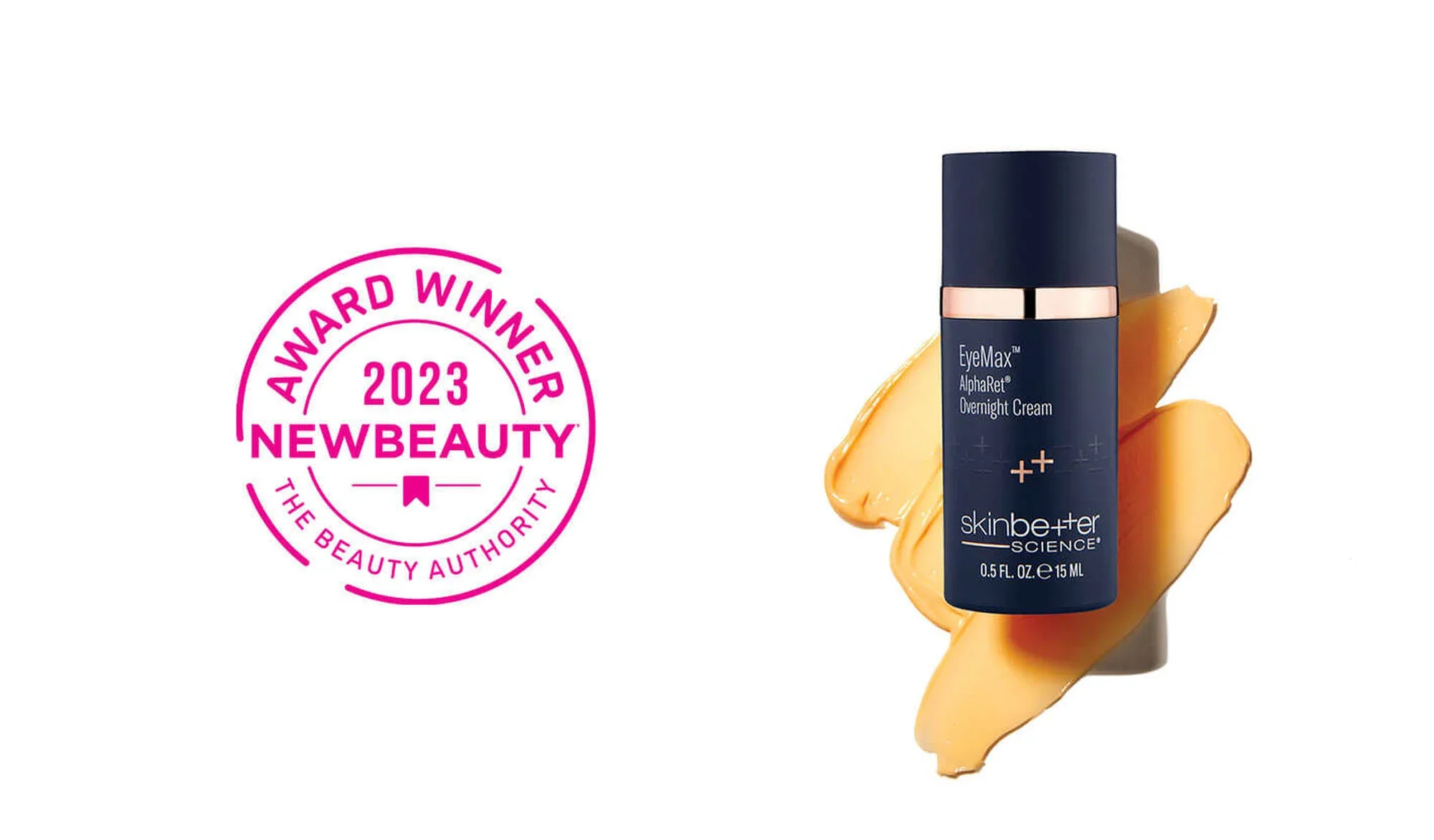 Award badge for 2023 NewBeauty Award and a bottle of SkinBetter Science eye cream surrounded by a smear of the cream.