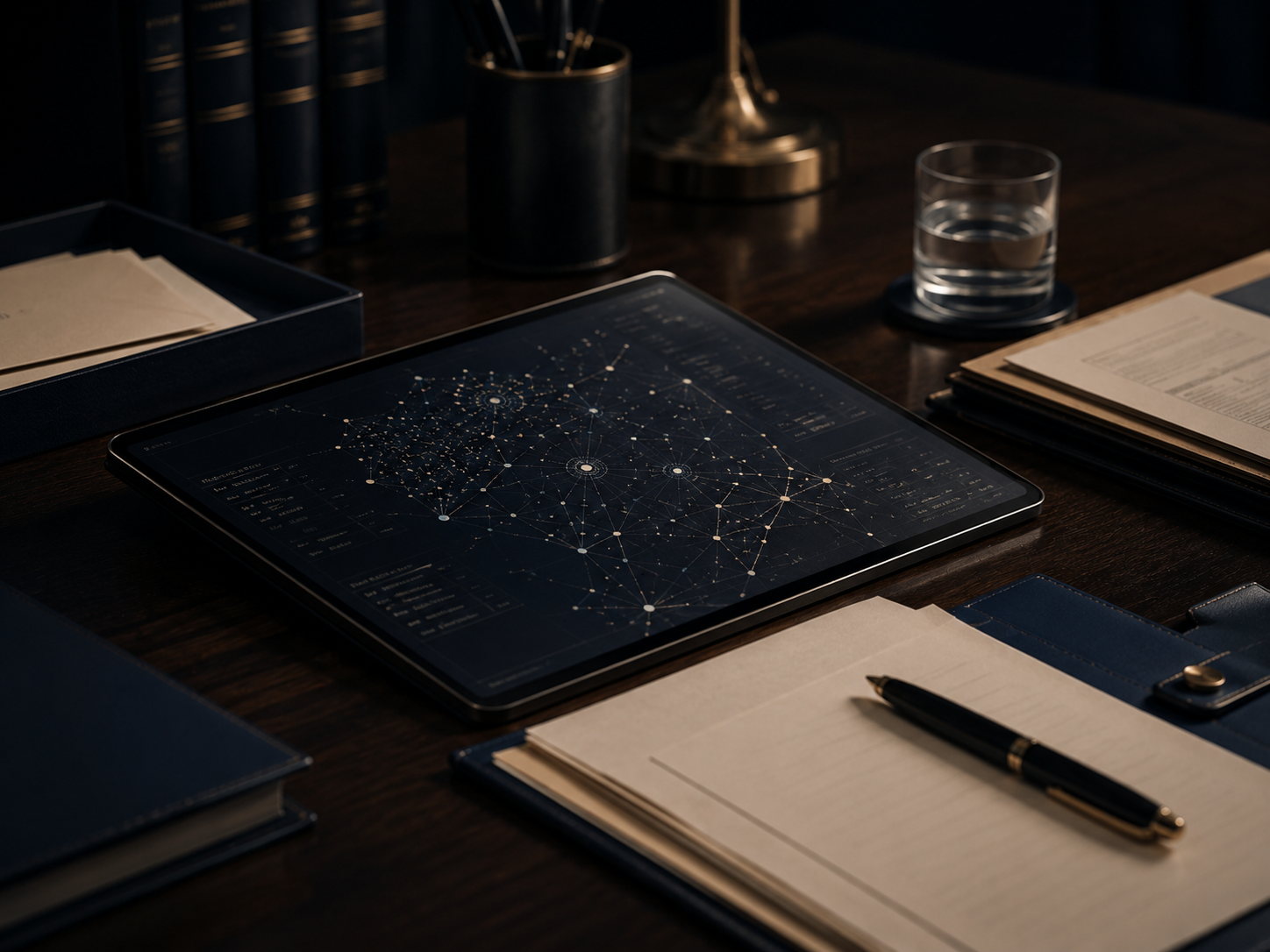 A digital tablet displaying a complex network diagram of interconnected nodes and lines, surrounded by notebooks, a pen, a glass of water, and office supplies on a dark wooden desk.