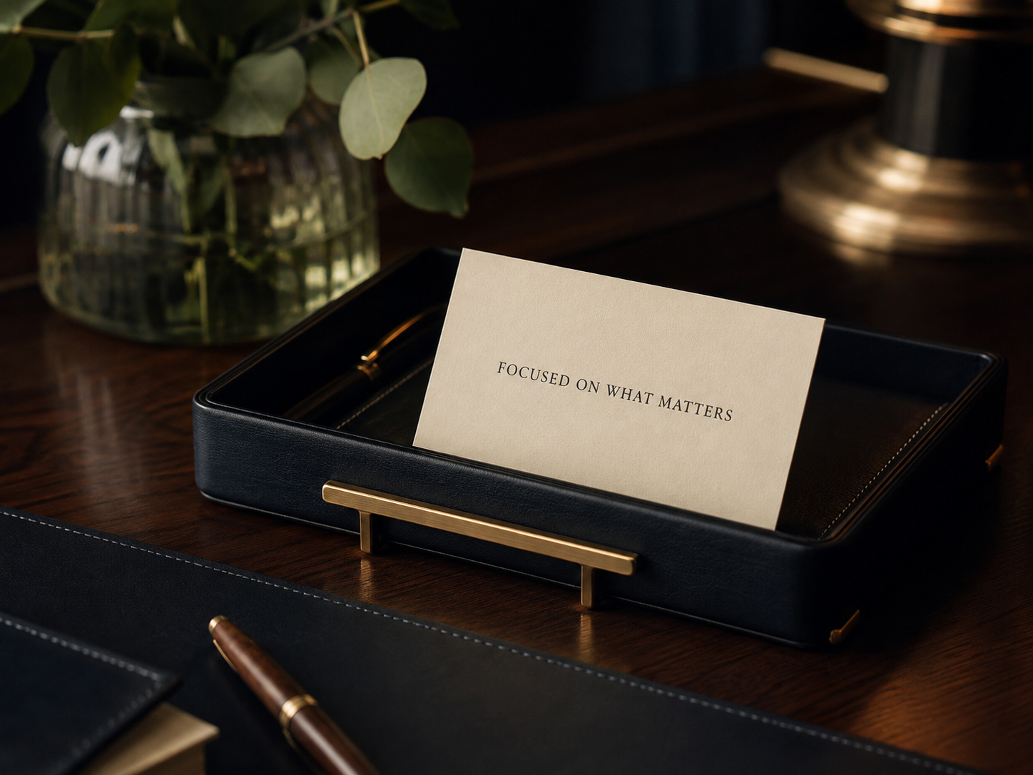 A desk with a black leather tray holding a card that says "Focused on what matters", a gold pen, a glass vase with green leaves, a gold desk lamp, and a black leather notebook.