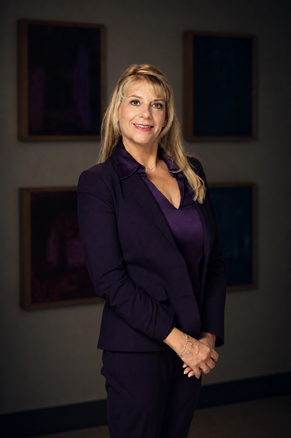 A woman with blonde hair and light skin wearing a dark purple suit and blouse, standing in front of abstract artwork on a wall.