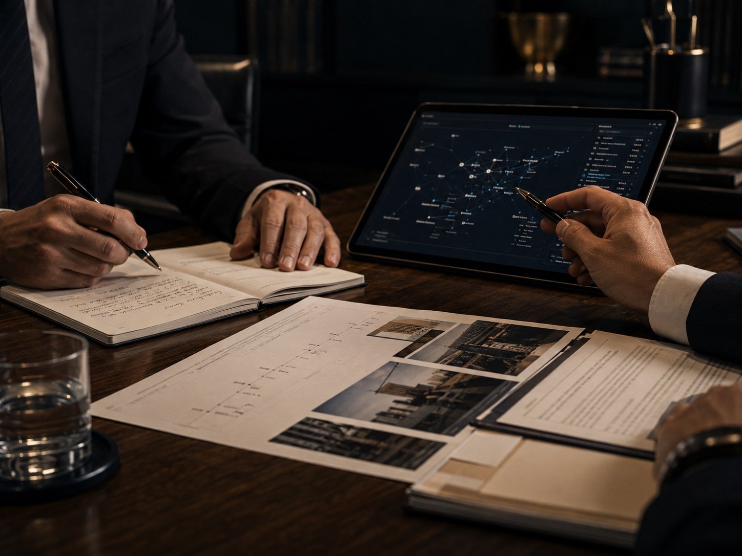 Two people in business suits are working at a dark wood conference table. One is writing in a notebook with handwritten notes, and the other is pointing at a digital tablet displaying a network diagram or data visualization. The table has printed documents, photographs of buildings, a glass of water, and a few notebooks.