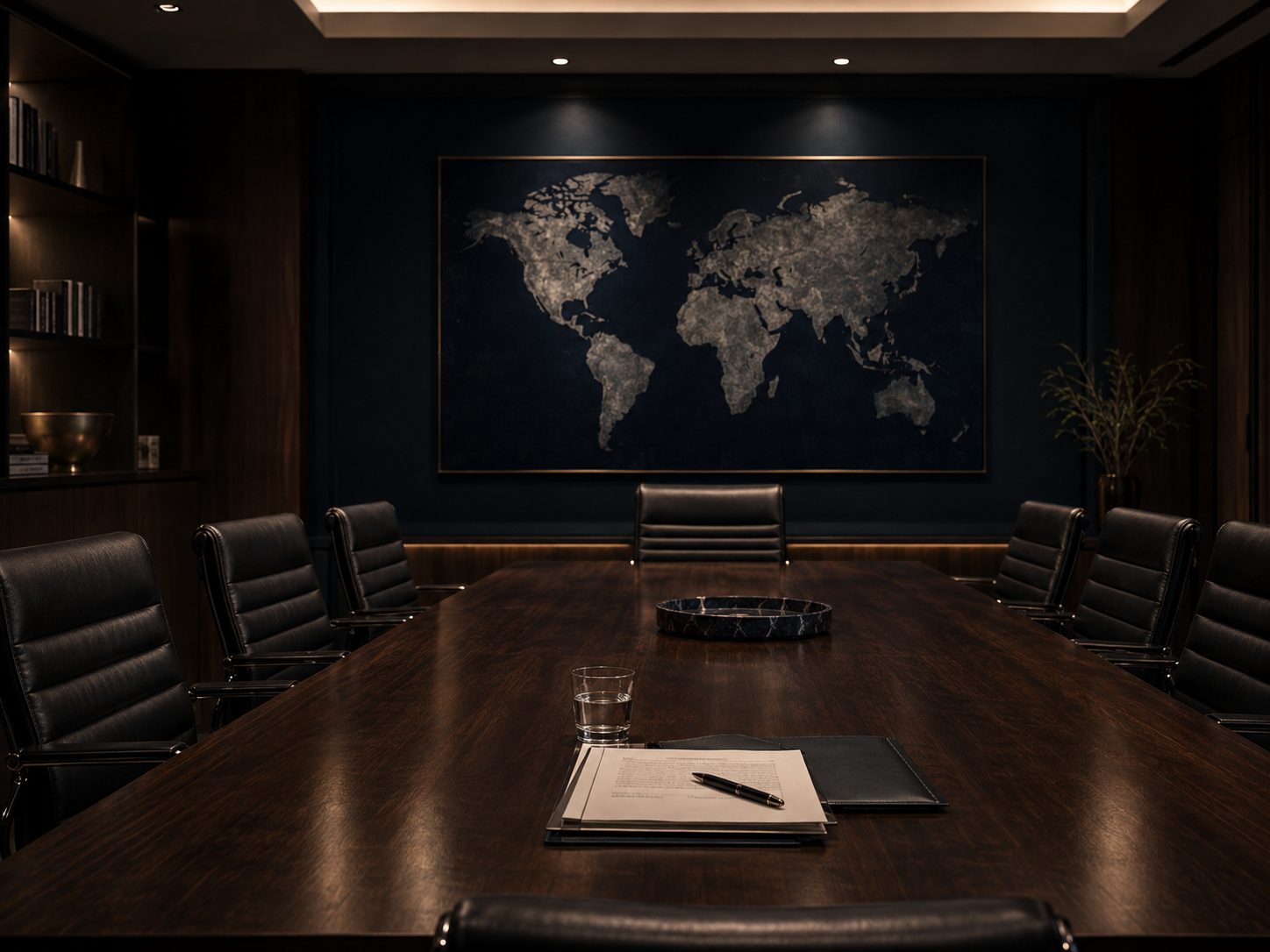 Empty conference room with a dark wooden table, black leather chairs, a large world map on the dark wall, and a potted plant in the corner.
