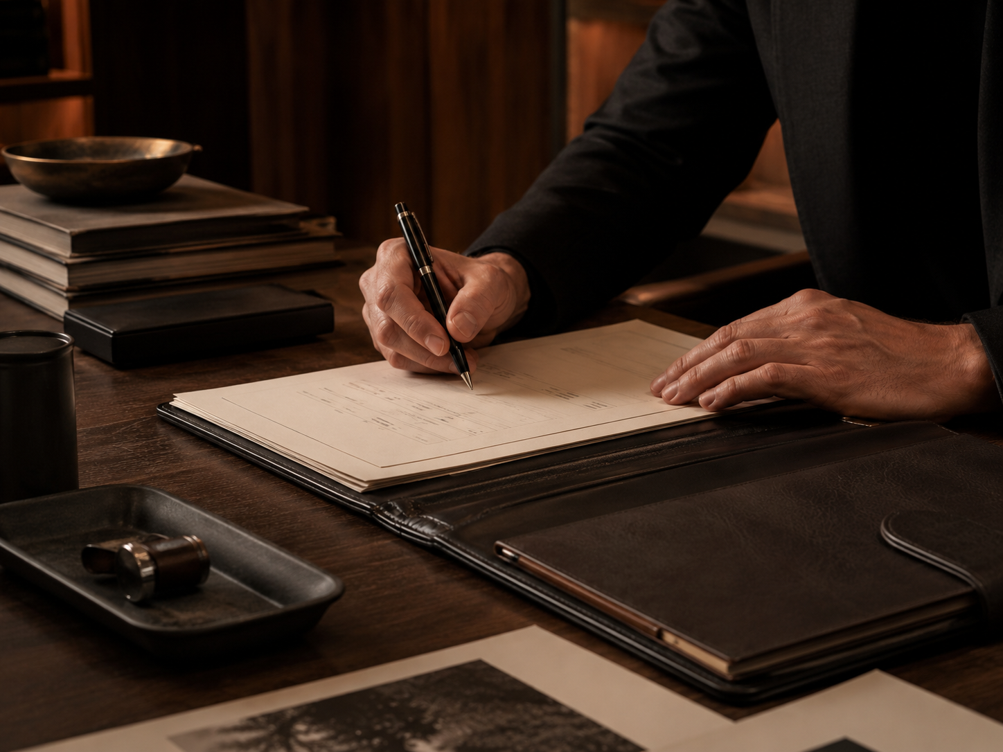 Person in dark suit writing on papers with a pen, on a wooden desk with books, a black notebook, a tray with a stamp, and detached photographs.