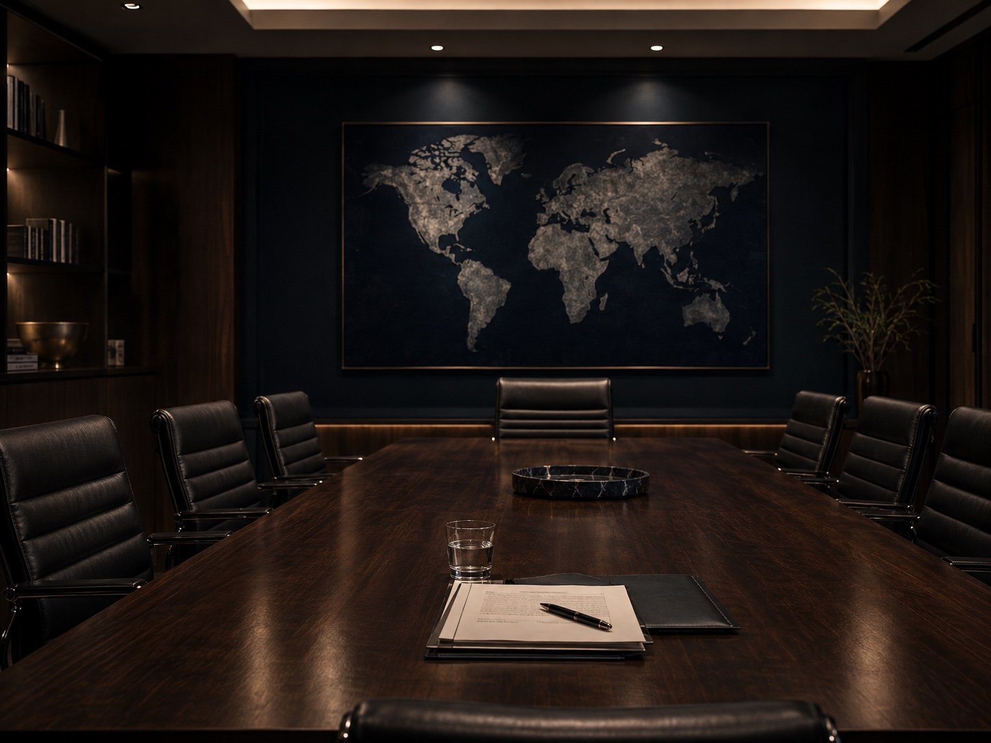 A dark conference room with a large wooden table, surrounded by black leather chairs. A world map is mounted on the wall at the far end, and there is a glass of water, a notebook, and a pen on the table.