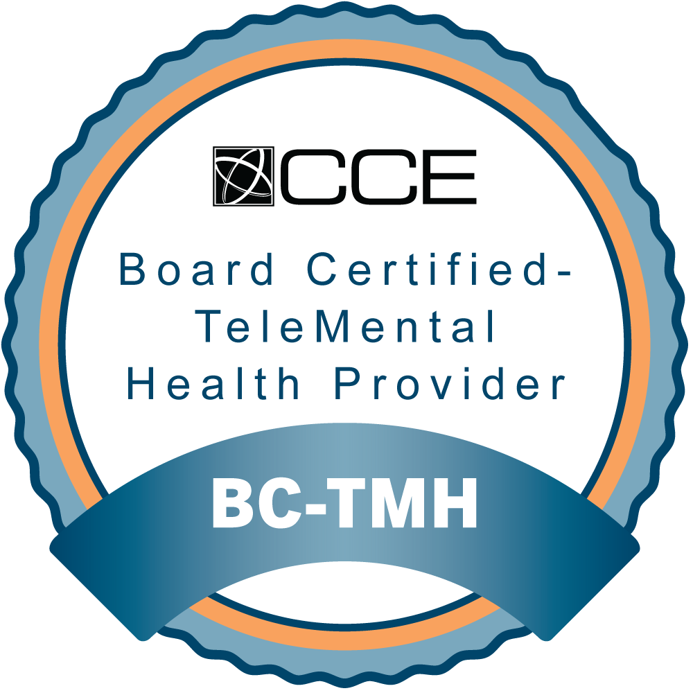Seal with the logo 'CCE' and text that reads 'Board Certified- TeleMental Health Provider' and 'BC-TMH' on a blue ribbon.