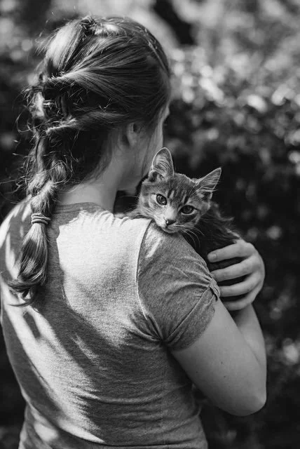A girl with braided hair holding a sleeping cat outdoors.