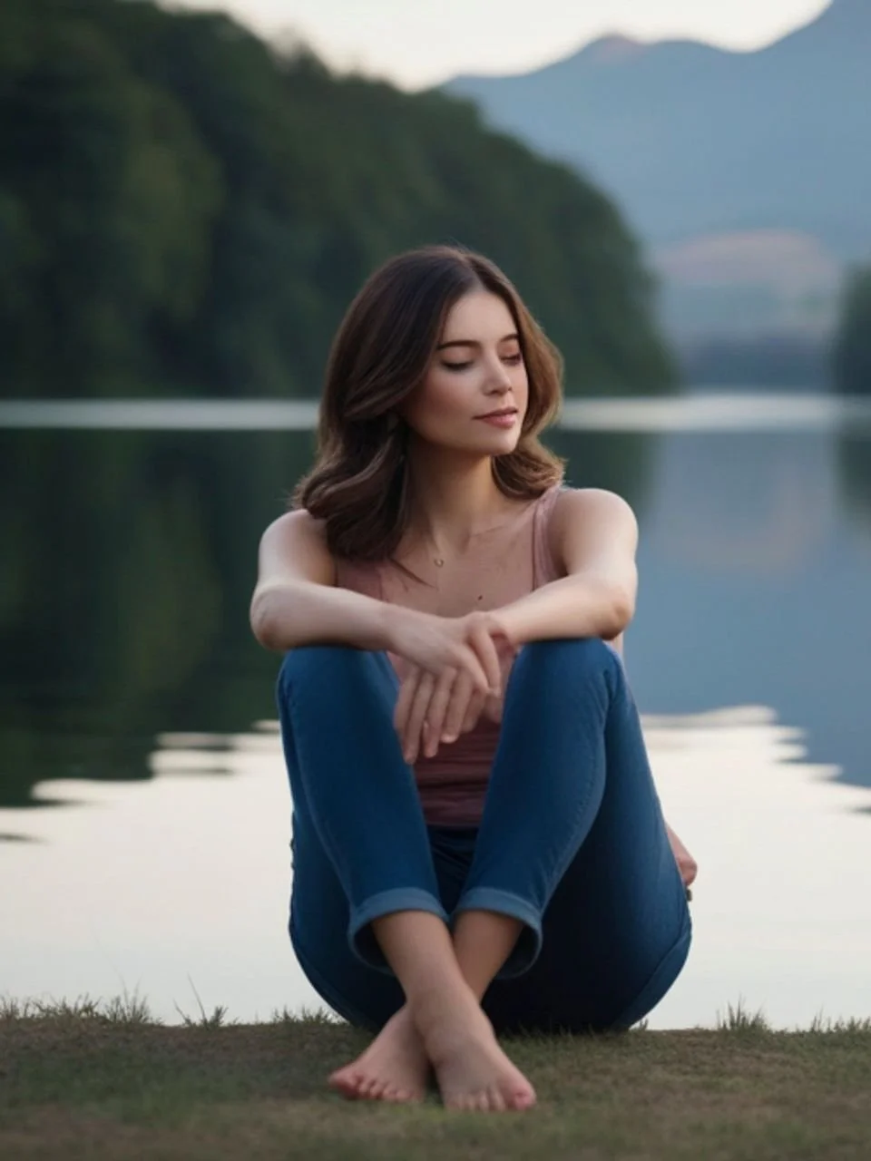 A young woman with brown hair sitting on the grass near a lake with mountains and trees in the background. She is barefoot, wearing a sleeveless top and blue jeans, with her arms resting on her knees and eyes closed, enjoying the peaceful outdoor setting.