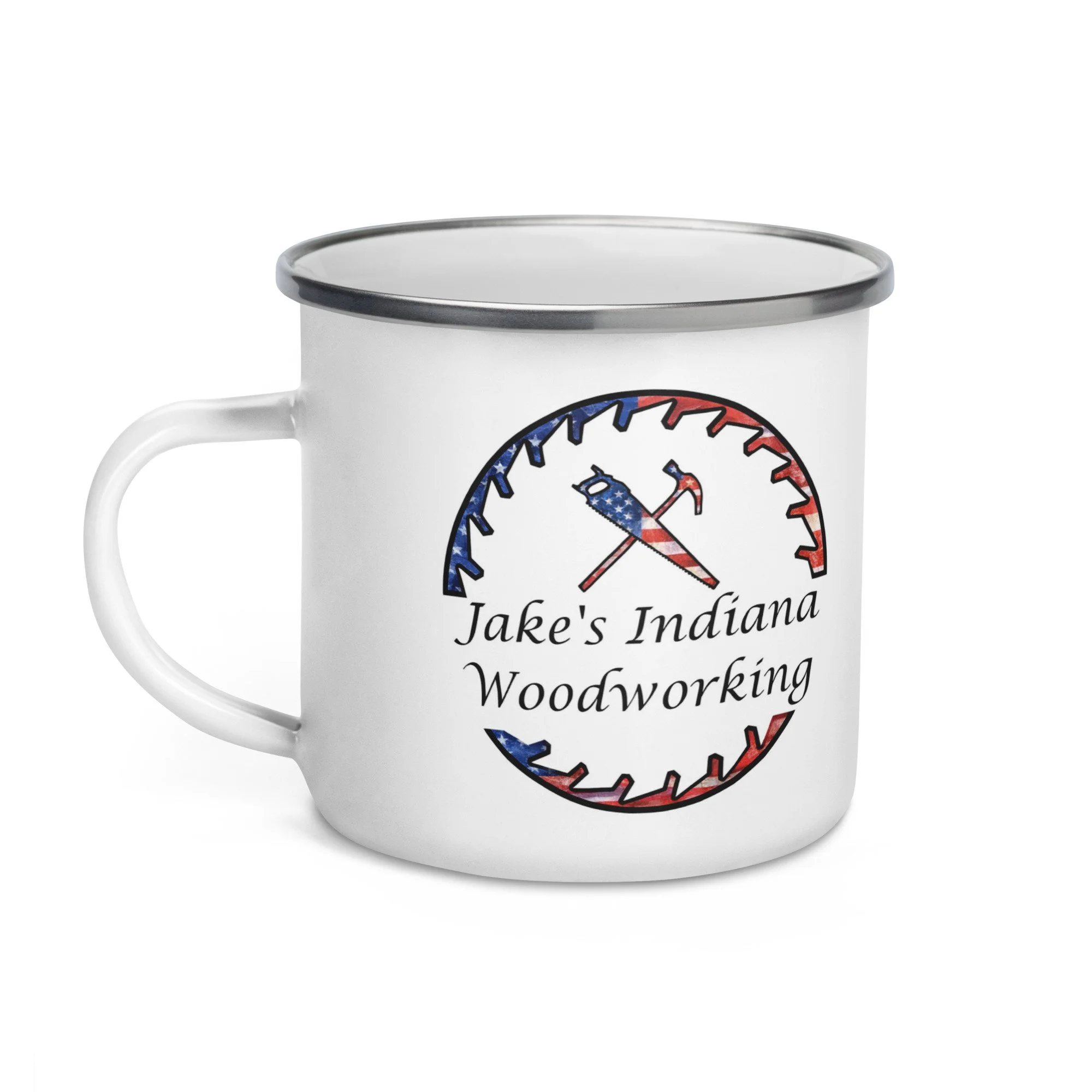 Jake's Indiana Woodworking "Happy Camper" Enamel Mug