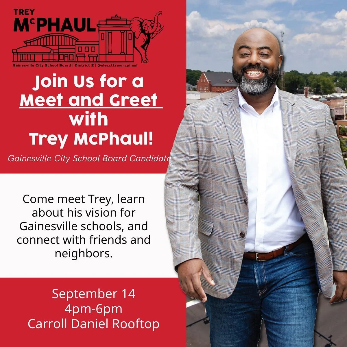 ✨ You&rsquo;re Invited! ✨
Join us for a casual Meet &amp; Greet with friends, community, and great conversation. Come connect, share your ideas, and be part of something exciting!

📅 September 14, 2025 4pm-6pm
📍 Carroll Daniel Rooftop 

Let us know
