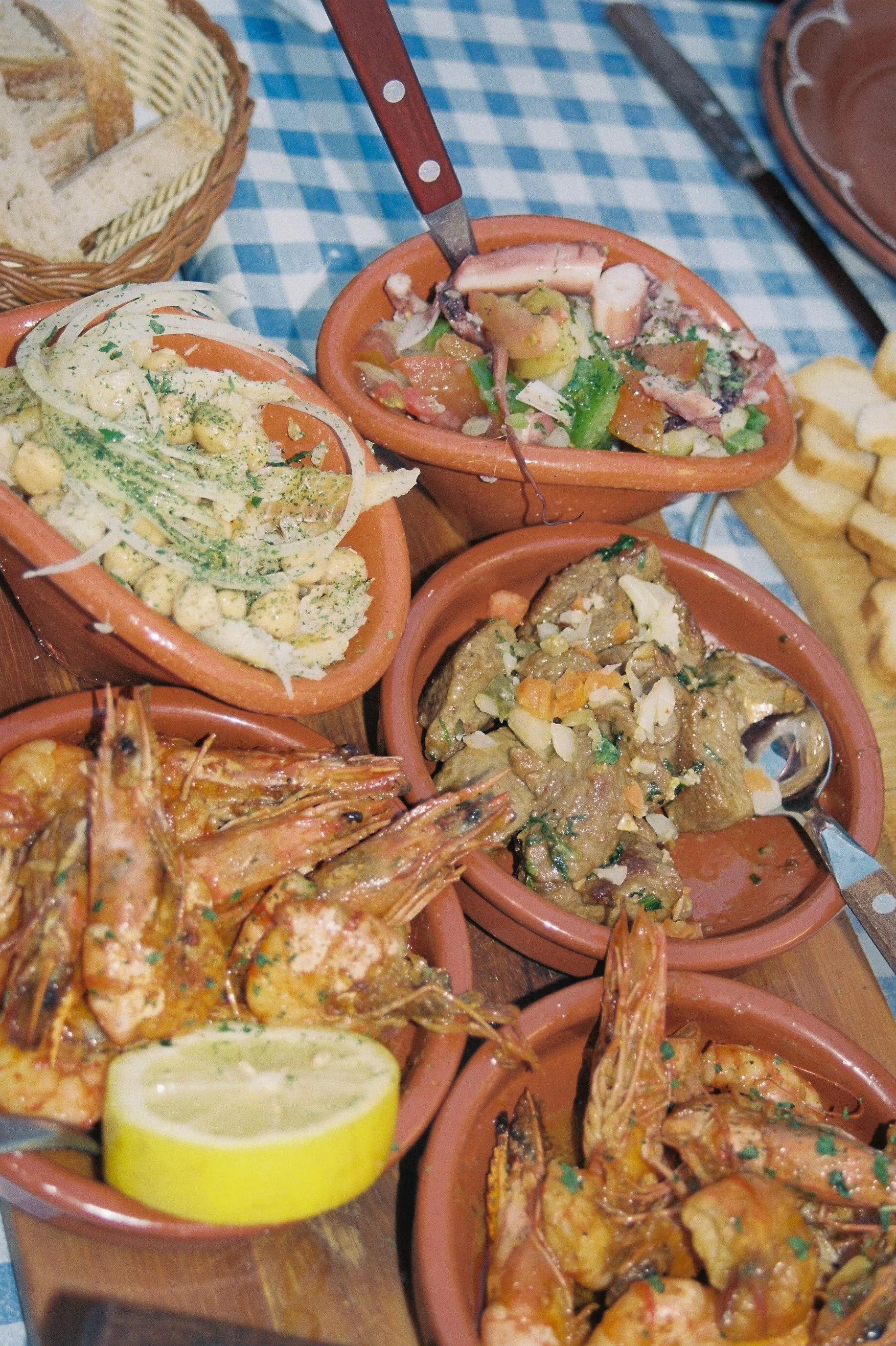 Divers plats de fruits de mer et d'accompagnement dans des ramequins en terre cuite, sur une table avec nappe à carreaux bleus. Inclut des crevettes, des sauces, du citron, et du pain.