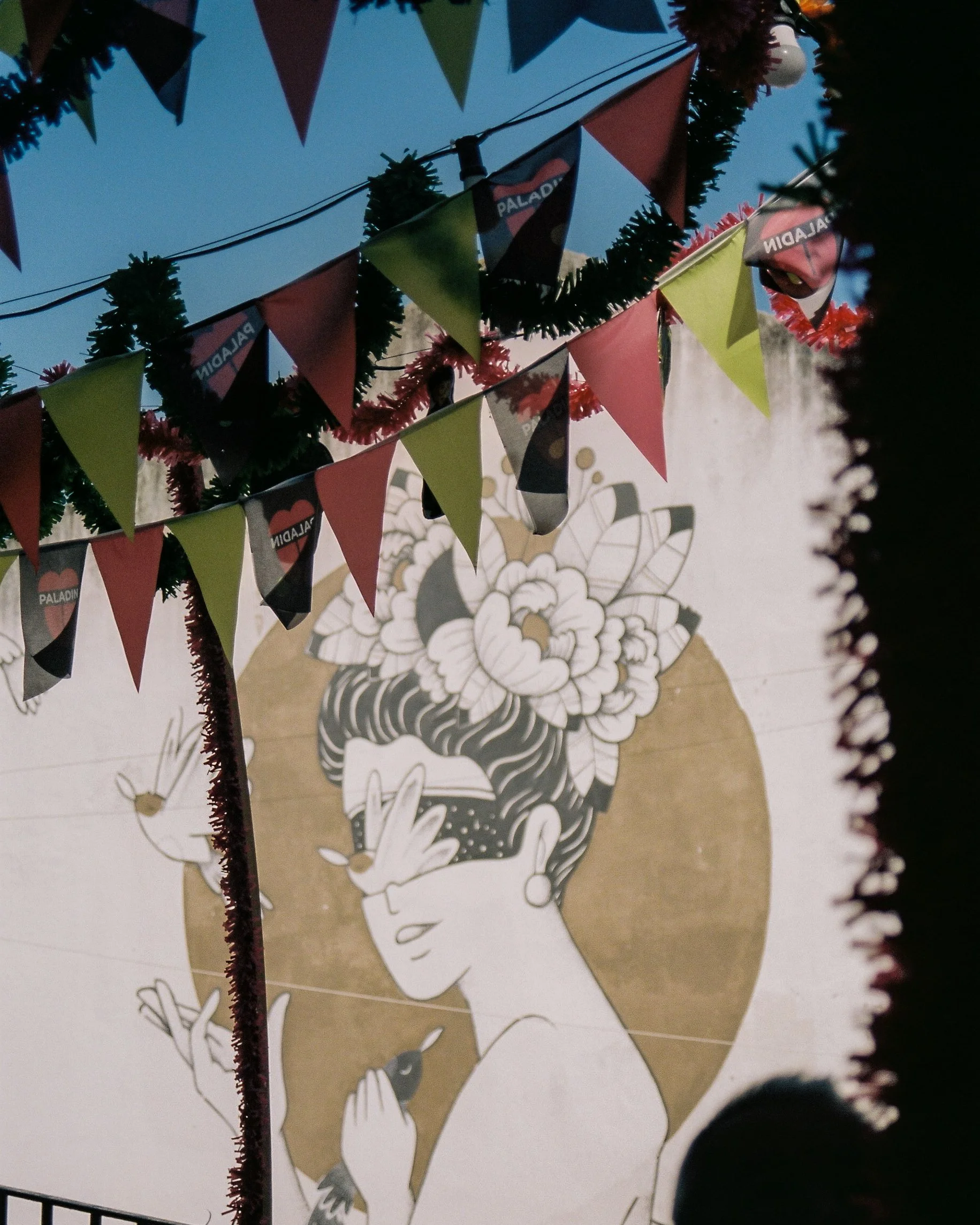 Décoration de fête avec des banderoles colorées en triangles suspendues et illustration artistique d'une femme avec des fleurs dans ses cheveux et un oiseau.