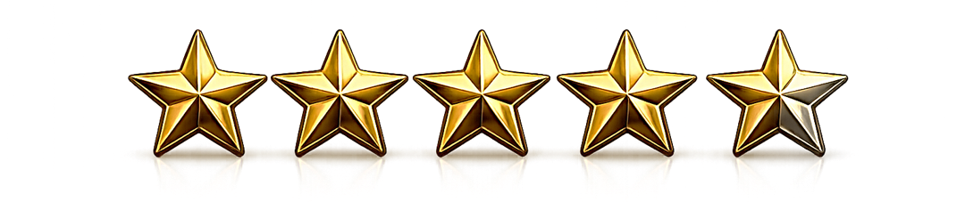 Five gold stars in a row with reflections below, against a black and red background.