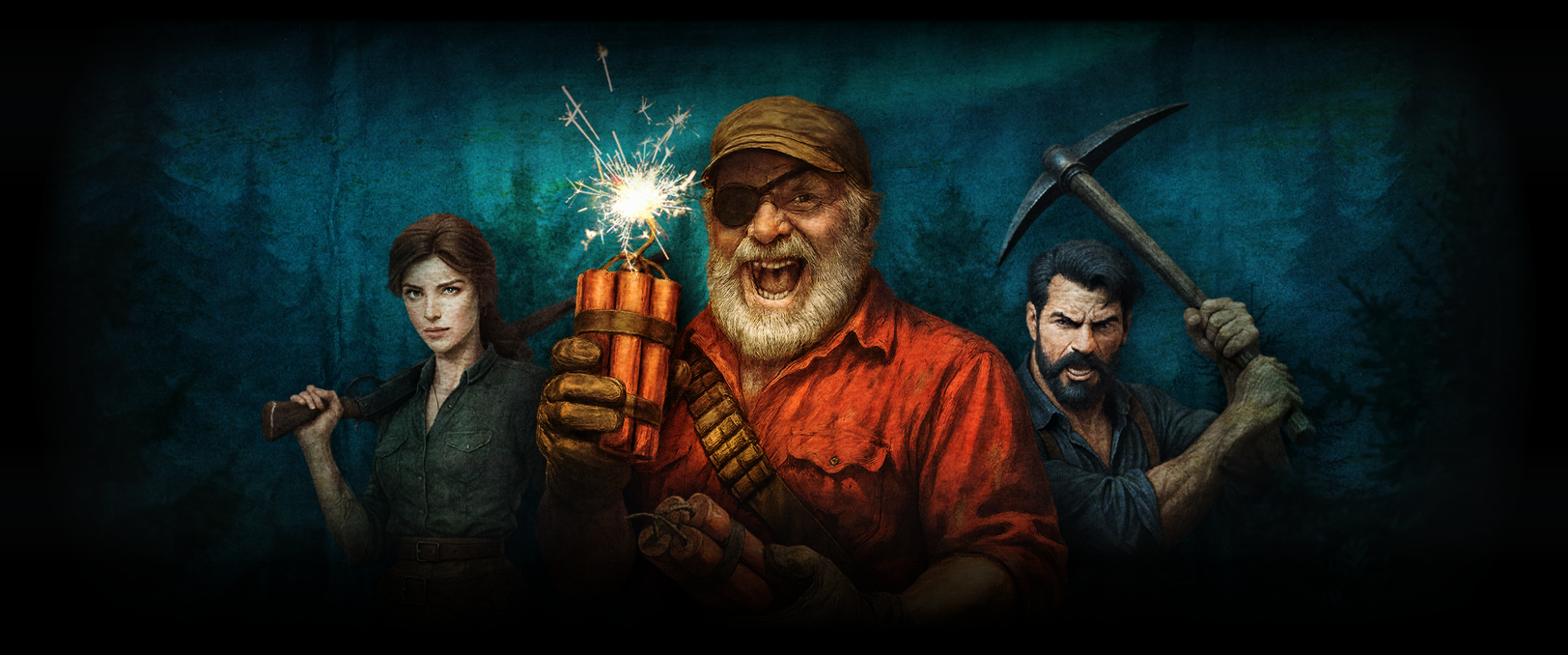 Three people in a rugged, outdoors setting. The central figure is an older man with a beard, wearing an eye patch, cap, and orange shirt, holding a lit bundle of dynamite with a sparkler. To his left is a young woman with short brown hair, dressed in a green military-style shirt, holding a baseball bat. To his right is a bearded man with dark hair, wearing a dark shirt, holding a pickaxe.