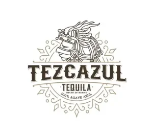 Logo for Tezcazul Tequila featuring a dreamcatcher with a wolf's face and long hair design.