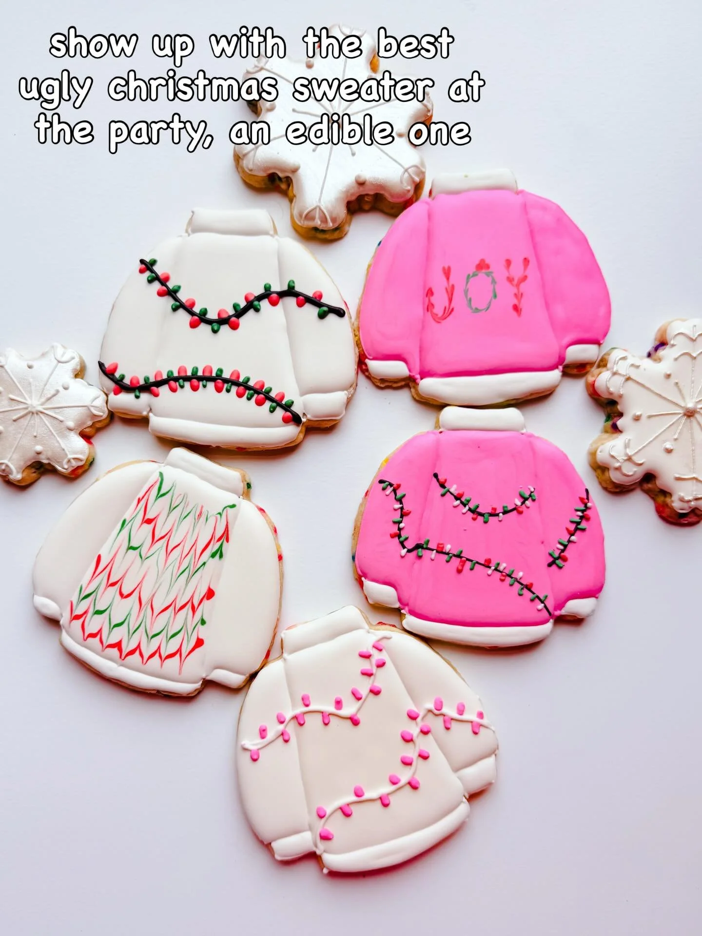 Ugly sweater ✅ Dish to bring to party ✅ support a small business ✅ bring to joy to all ✅ 
Order before December 15th! 
Link in bio or message us for the link 🩷 

#pinkcookiegirl #customcookies