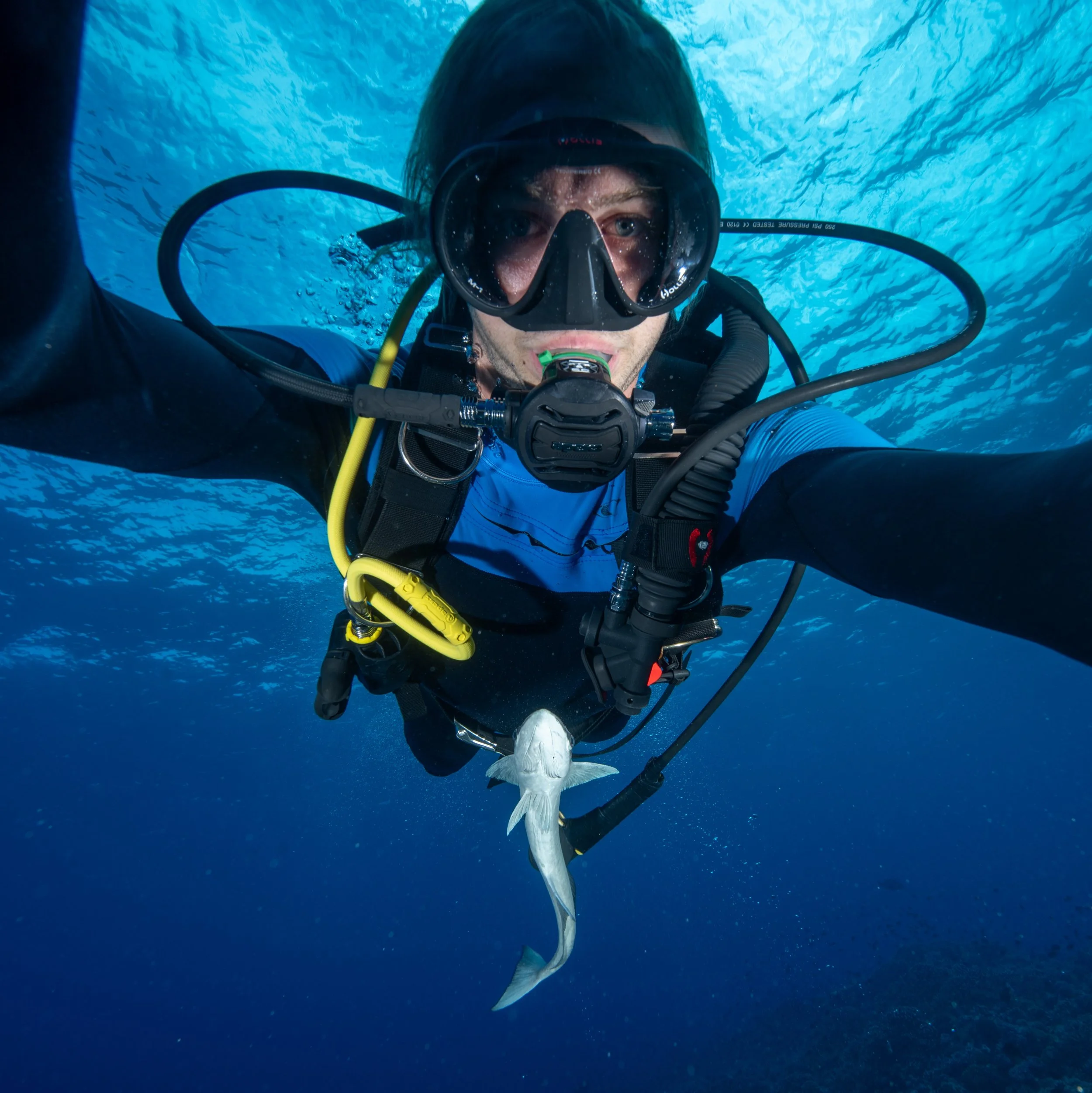 A scuba diver underwater taking a selfie with a fish hanging from their hand.