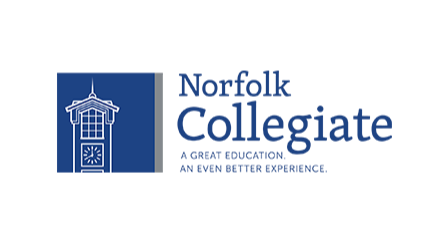 Norfolk Collegiate logo featuring a white clock tower on a blue background with the text 'Norfolk Collegiate' and the tagline 'A great education. An even better experience.'