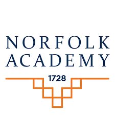 Norfolk Academy logo with text and geometric design in navy blue and orange, including the year 1728.