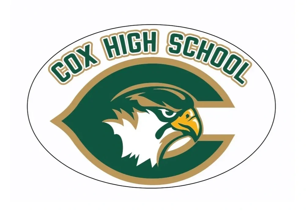 Logo of Cox High School featuring a stylized eagle head in green, white, and gold, with the school's name curved above it.