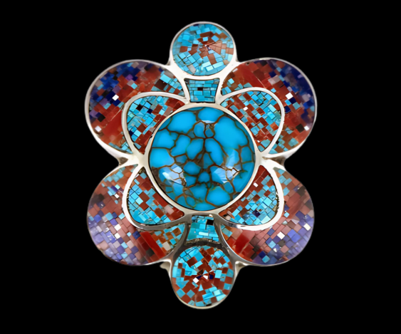 FREEFORM DESIGN RING. This cocktail style ring was designed with circular arcs and circles, elevated 3/16" on top of finger, fabricated silver.  Dimensions: 1 1/2"×1 1/4"×1 1/8".  Stones: high blue Kingman spiderweb cabochon, turquoise, coral, sugili