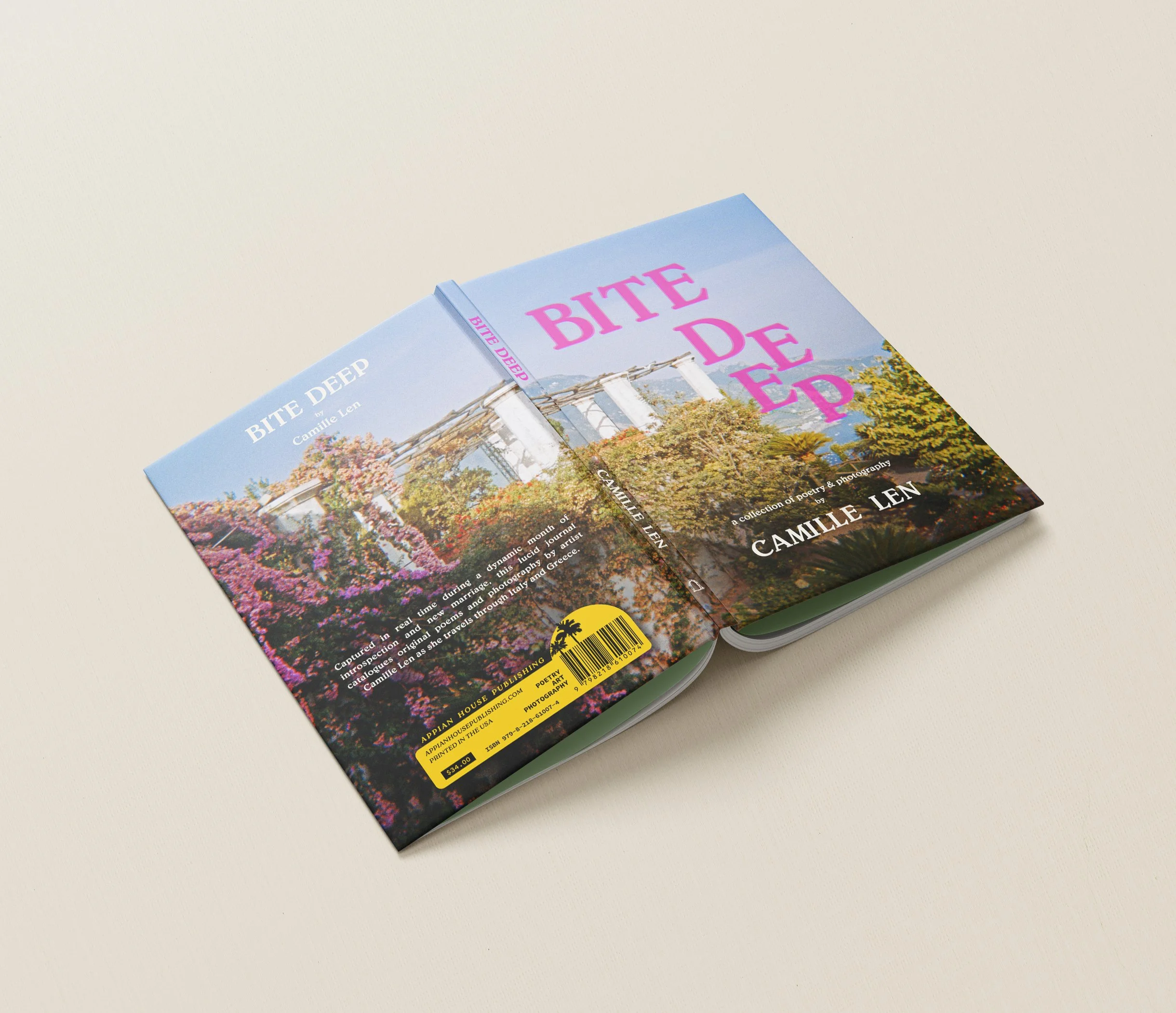 Open copy of Bite Deep artist book by Camille Len featuring photography and poetry, laid flat on a table showcasing art and text pages
