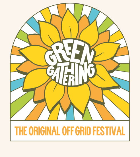 Colorful festival poster with a sunflower design and the text 'Green Gathering, The Original Off Grid Festival'.