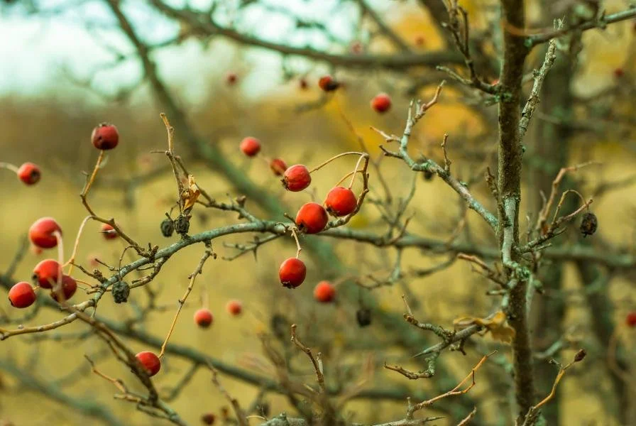 Close-up of a tree branch with red berries, some leaves, and lichen on the branches, with a blurred autumnal background.
