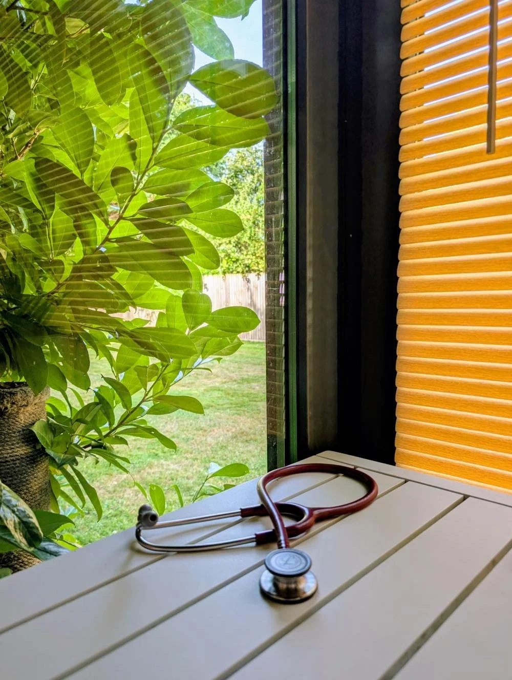 A stethoscope resting on a white wooden table near a window with green foliage outside and a wooden window shade.
