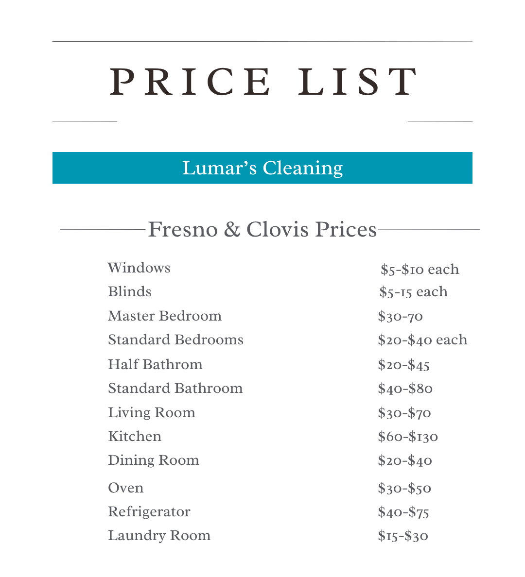 Price list for Lumar's Cleaning with prices for cleaning windows, blinds, bedrooms, bathrooms, living room, kitchen, dining room, oven, refrigerator, and laundry room.