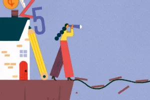 Illustration of a person looking through a telescope, standing on a platform with a house, a large numbered pencil, and a small tree nearby, against a plain blue background.