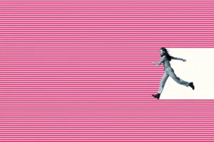 A person running or jumping on a pink background with horizontal lines, with a white rectangular section.