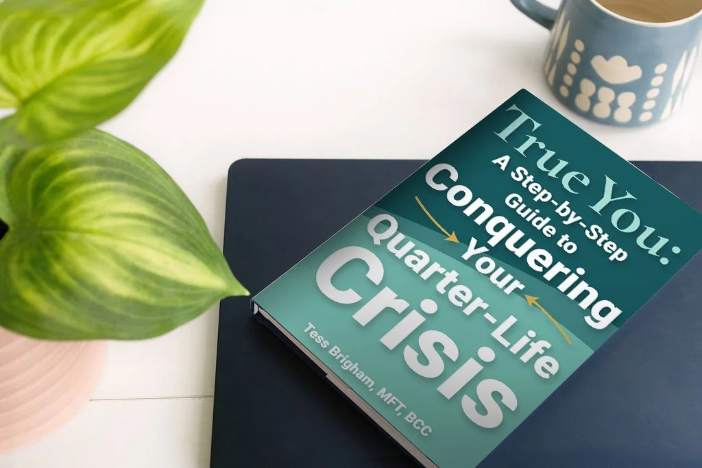 A book titled "True You: A Step-by-Step Guide to Conquering Your Quarter-Life Crisis" rests on a closed laptop on a white surface. A potted green plant is on the left, and a blue mug with a cloud and raindrop pattern is partially visible on the upper right.