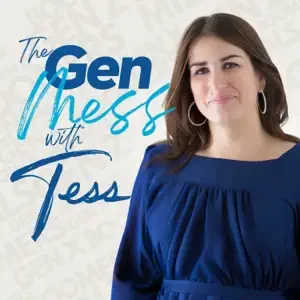 A woman with long brown hair wearing a blue top, standing in front of a white background with blue text that reads 'The Gen Mess with Jess'.