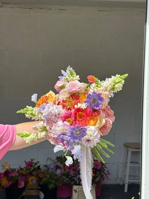 Person holding a colorful bouquet of mixed flowers, including roses, delphiniums, and snapdragons, tied with white ribbon.