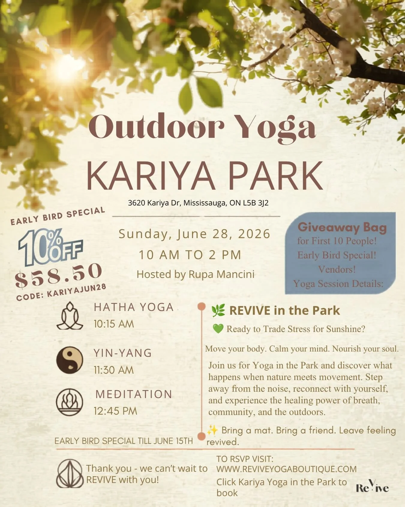 🌿 Join REVIVE Yoga Boutique for Our First Outdoor Yoga Event! 🌿

📍 Kariya Park, Mississauga
📅 June 28, 2026
⏰ 10:00 AM

Experience an afternoon dedicated to your well-being with yoga, meditation, pranayama, Ayurveda, nutrition, and holistic welln