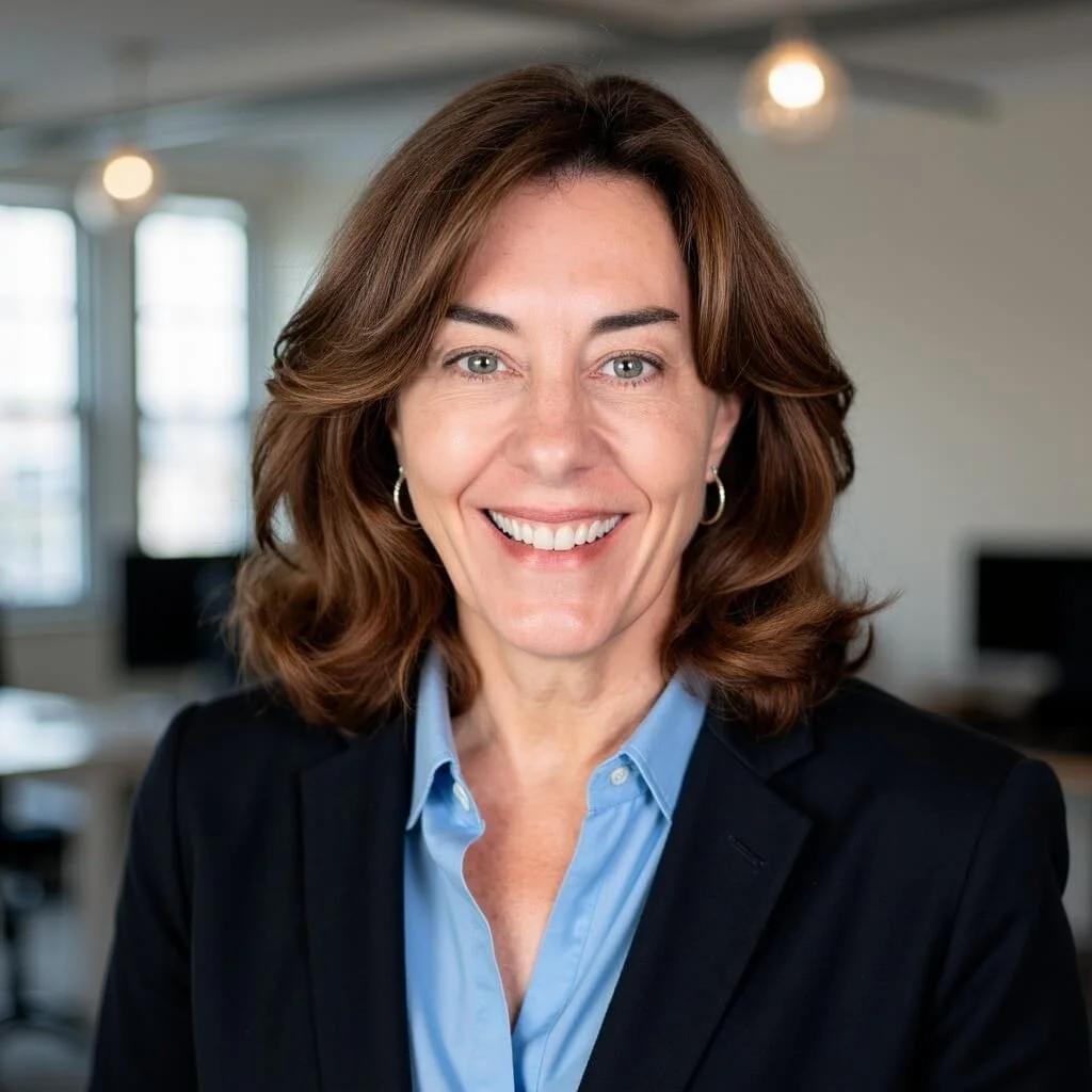 A smiling woman with shoulder-length brown hair, wearing a light blue collared shirt and a black blazer, in an office setting.