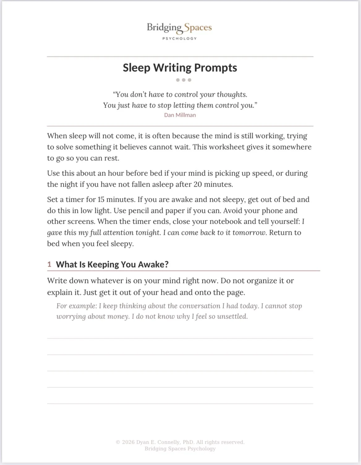 Printable sleep worry writing worksheet pdf with structured prompts for managing racing thoughts before bed.