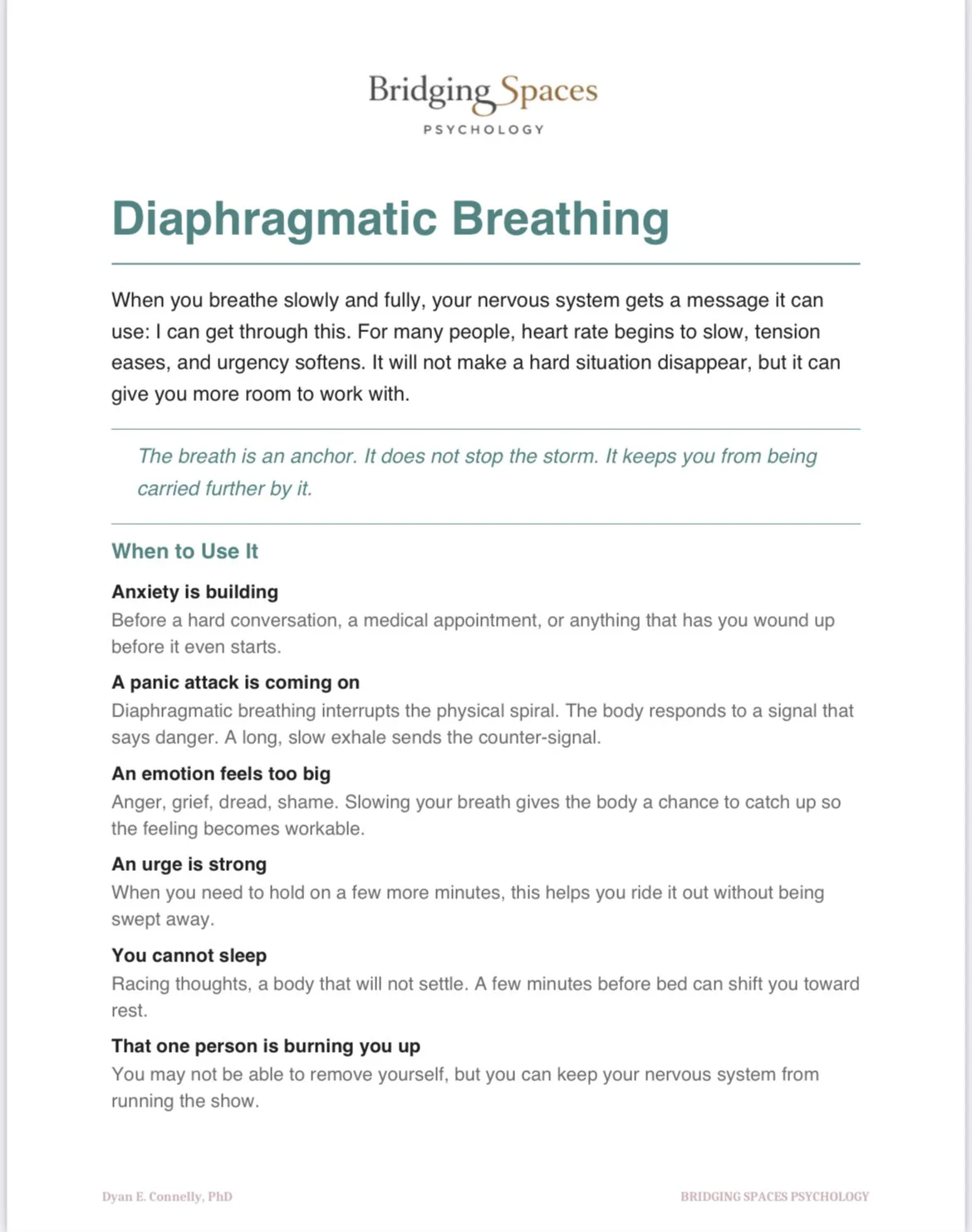 printable diaphragmatic breathing worksheet with instructions for slow inhale and extended exhale