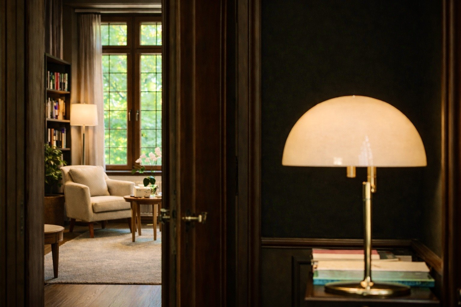 Cozy room seen through a doorway, with a beige armchair, a small wooden coffee table, a potted orchid, bookshelves, a tall floor lamp, and window with greenery outside.