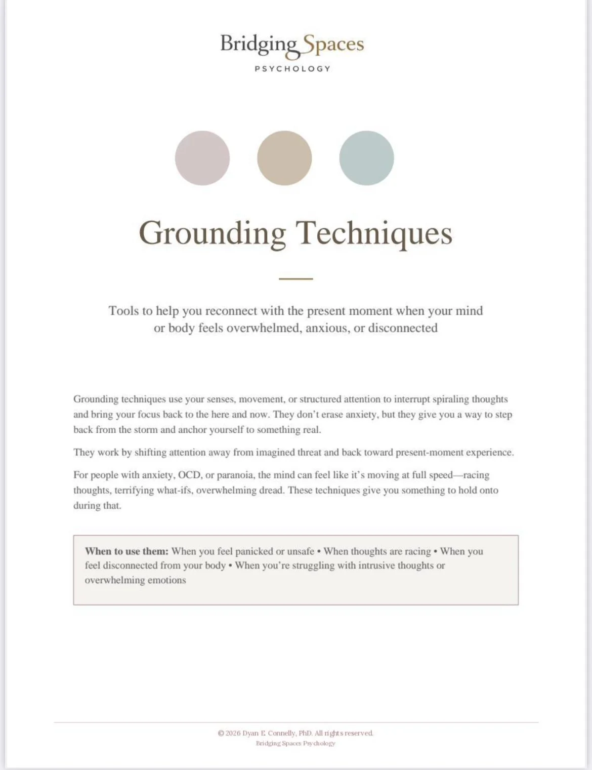 Printable Grounding practices worksheet with sensory, cognitive, movement, and relational exercises pdf.