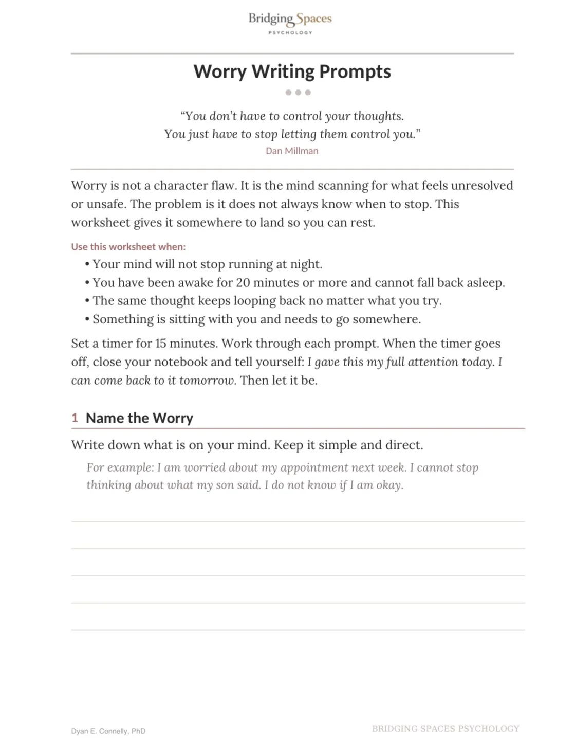Printable worry writing worksheet pdf with step-by-step prompts for examining anxious thoughts.