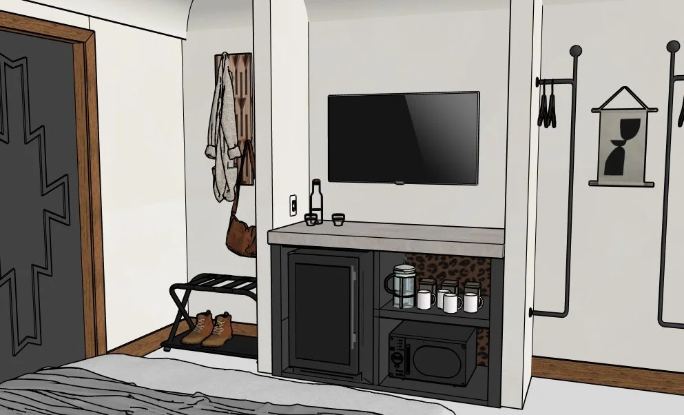Interior of a modern room with a television, small cabinet with a microwave and coffee mugs, coat rack with hanging clothes, shoes, and decorative wall art.