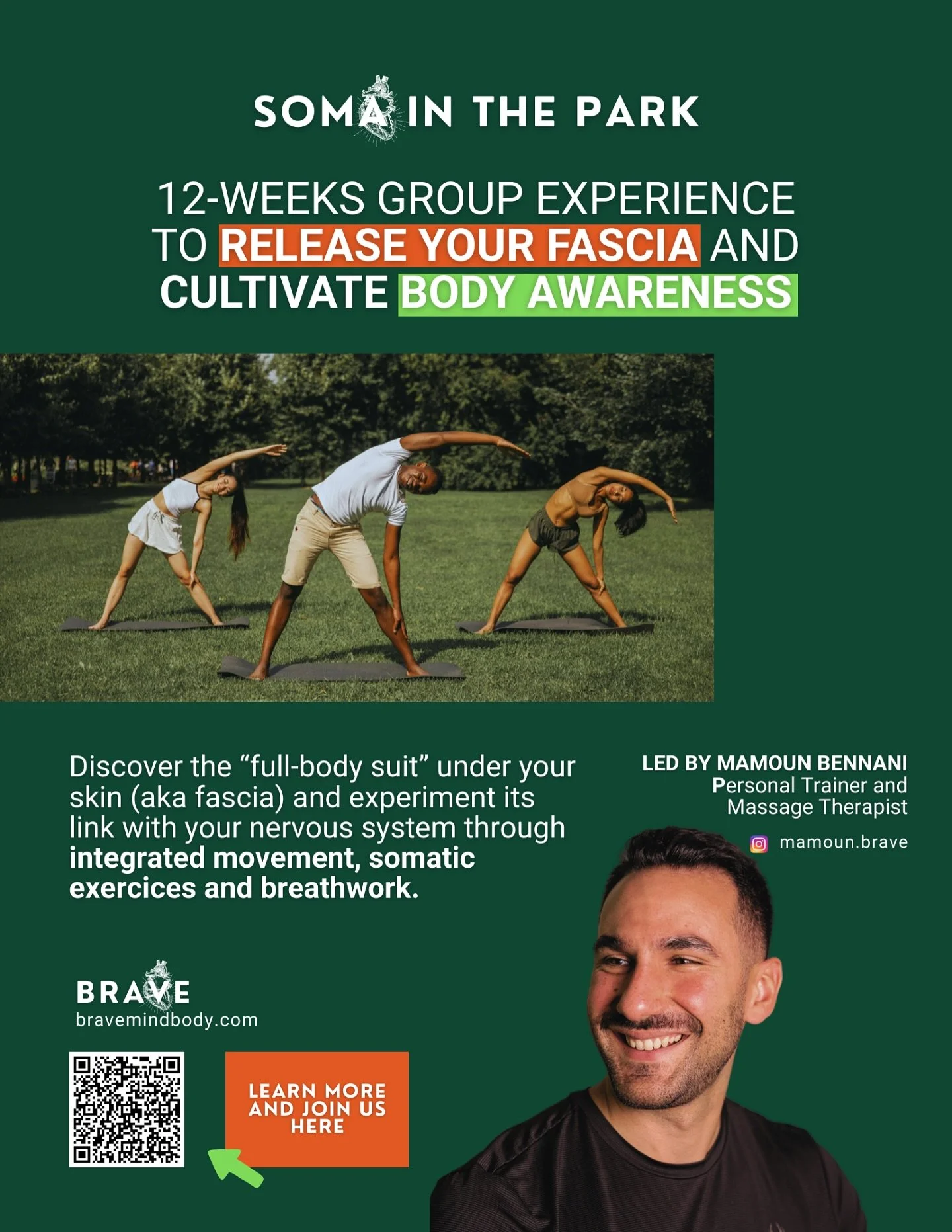 Reconnect. Release. Realign.

Join me this summer for Soma in the Park &ndash; a 12-week myofascial stretching workshop rooted in Anatomy Trains by Tom Myers.

Each Wednesday at 10AM, we&rsquo;ll meet outdoors in Jeanne-Mance Park to explore the body